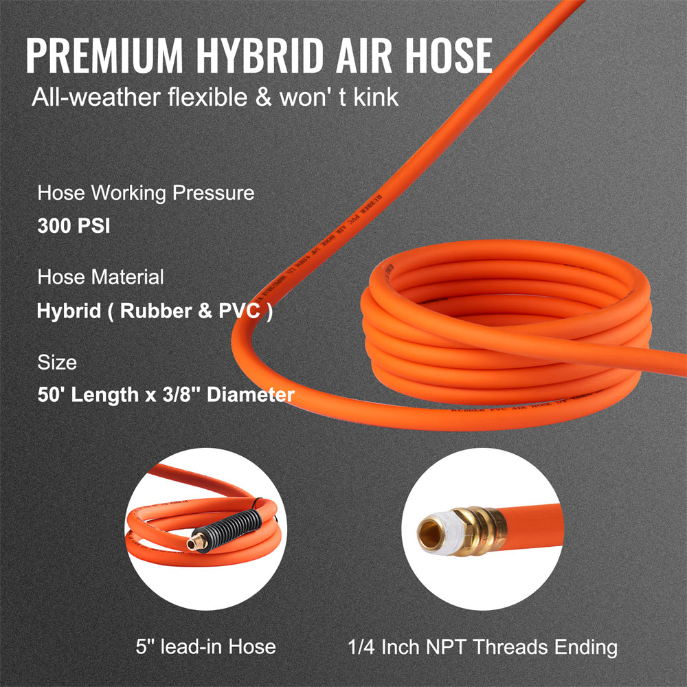 VEVOR Retractable Air Hose Reel, 3 8 IN X 50 FT Hybrid Air Hose Max 300PSI, Air Compressor Hose Reel With 5 Ft Lead In, Ceiling  Wall Mount Enclosed Air Reel, 180 Swivel Mount