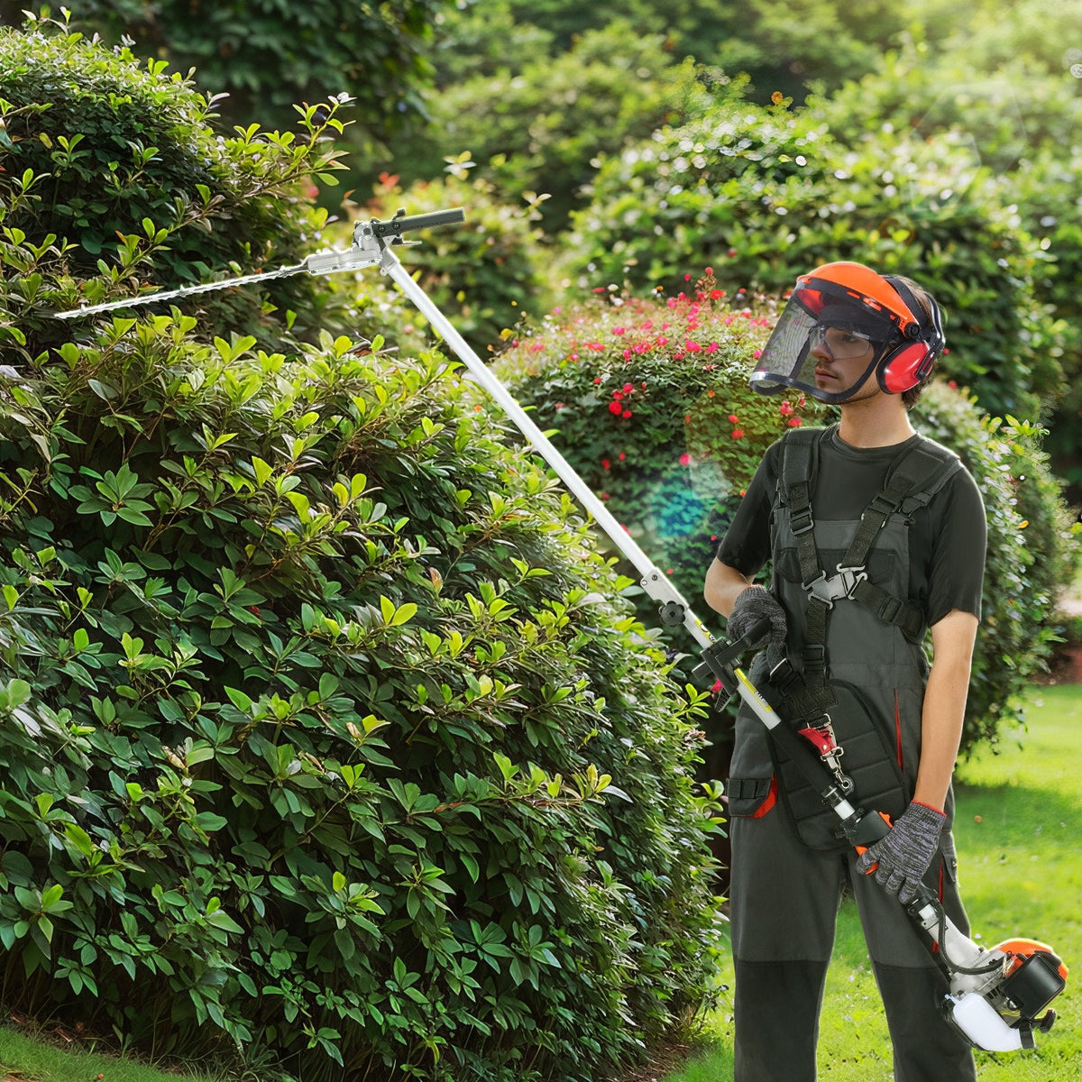 43CC 6-in-1 Multi-Functional Trimming Tools, Gas Hedge Trimmer, Weed Eater, String Trimmer, Brush Cutter, Edger, Pole Saw Chainsaw Pruner With Extension Pole
