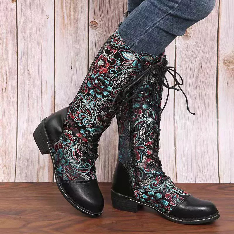 Embroidered Lace-Up Block Heel Boots