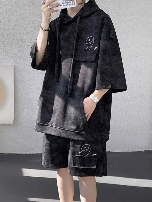 Men's Plus Size Casual Washed Hoodie & Shorts Set