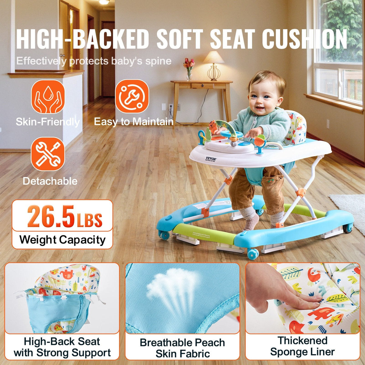 4-in-1 Baby Walker, Foldable Baby Activity Center On Wheels, 3 Adjustable Height, Music  Toys Tray, Learning-Seated Walk-Behind  Rocker Bouncer Toddler Walker For Girls Boys 6-24 Months
