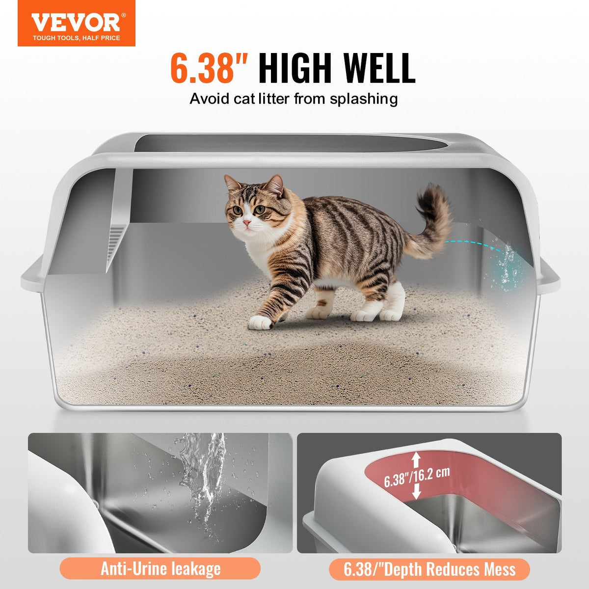 VEVOR 6 In Deep Cat Litter Box Odor-Free Litter Box With Filtering Foot Board