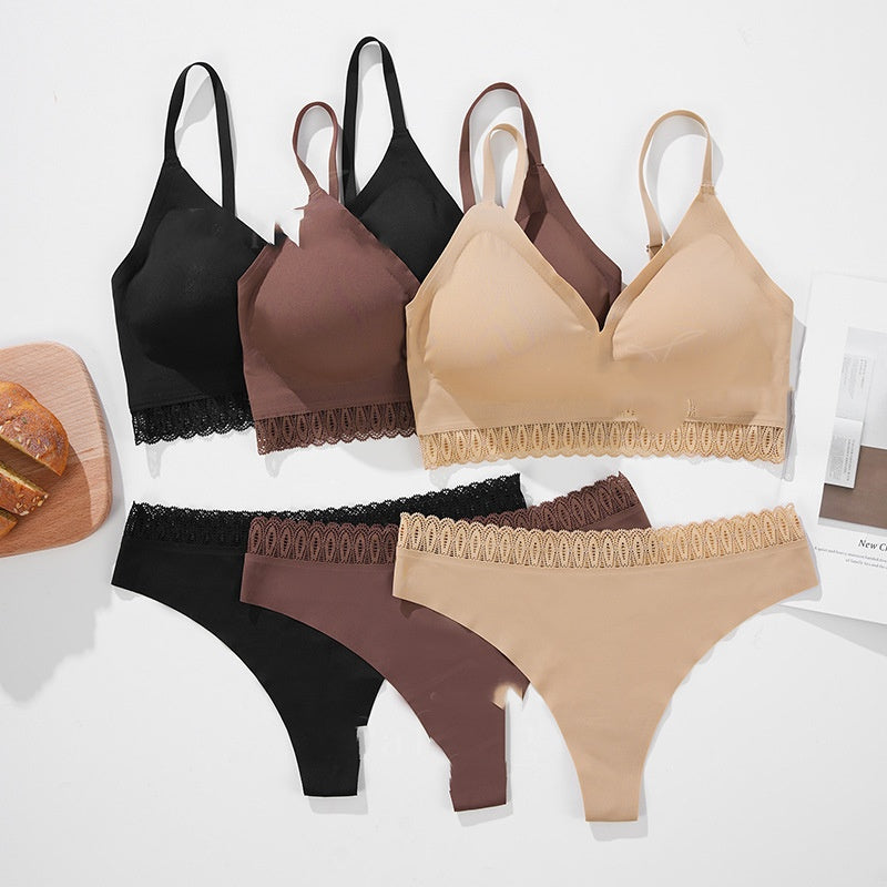 Sexy Lace Ribbon Stitching Seamless Lightweight Push-up Underwear Set