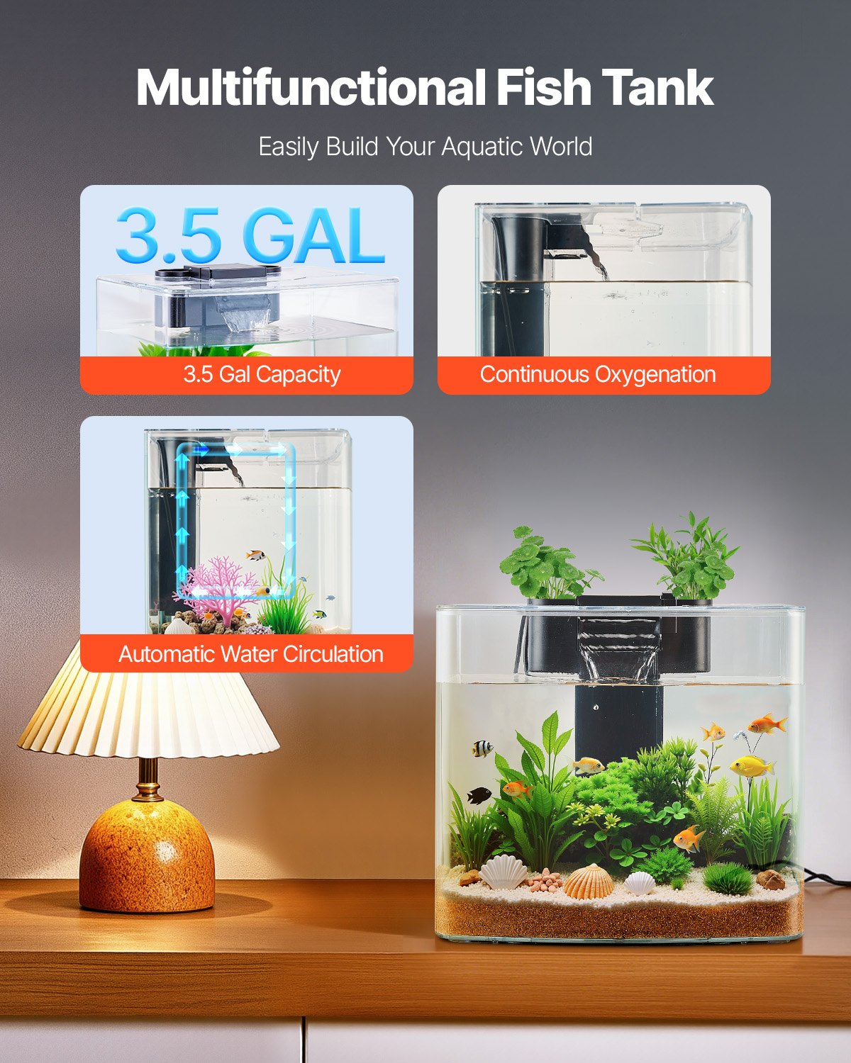 3.5 Gallon Fish Tank Aquarium Smart Arch Clear GPPS 3 Color Self Cleaning