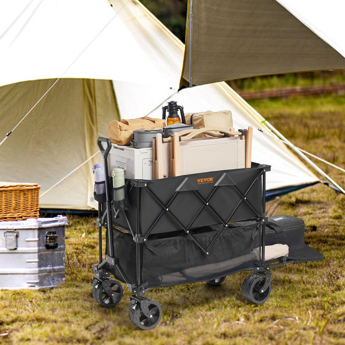 VEVOR Foldable Double Decker Wagon, 400L Collapsible Wagon Cart With All-Terrain Wheels, Heavy Duty Folding Wagon Cart 450 Lbs Weight Capacity For Camping, Shopping, Garden,