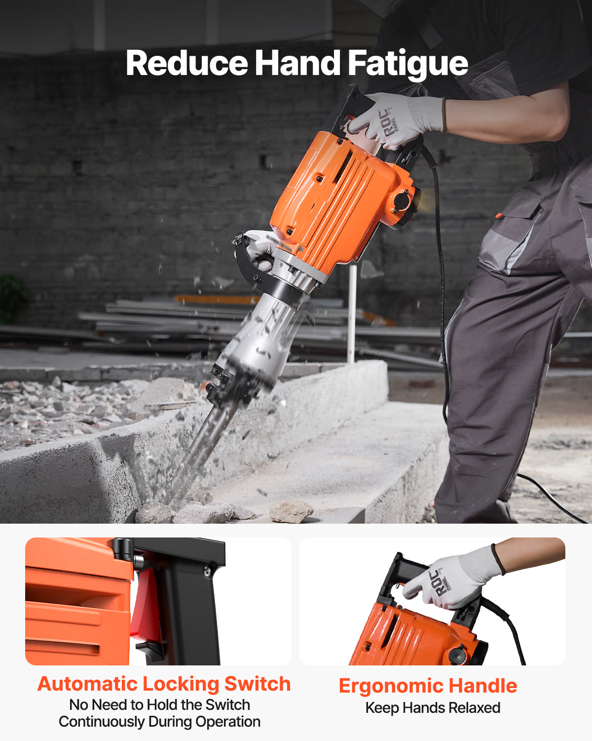 VEVOR Demolition Jack Hammer Concrete Breaker 2200W Electric Hammer 6 Chisel Bits