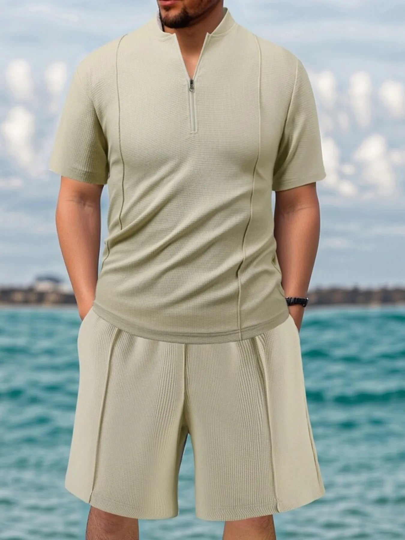 Men's Full Size Zip Front Short Sleeve Top and Shorts Set Plus Size