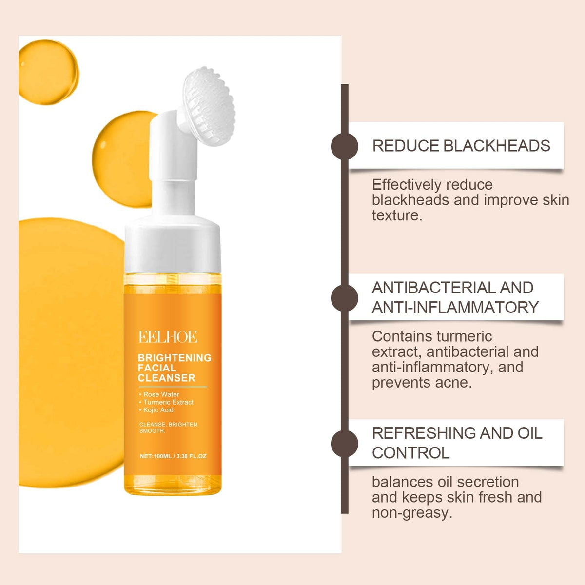 EELHOE Turmeric Brightening Facial Cleanser With Built-In Silicone Massage Brush, Gentle Hydrating Non-Tightening Face Wash