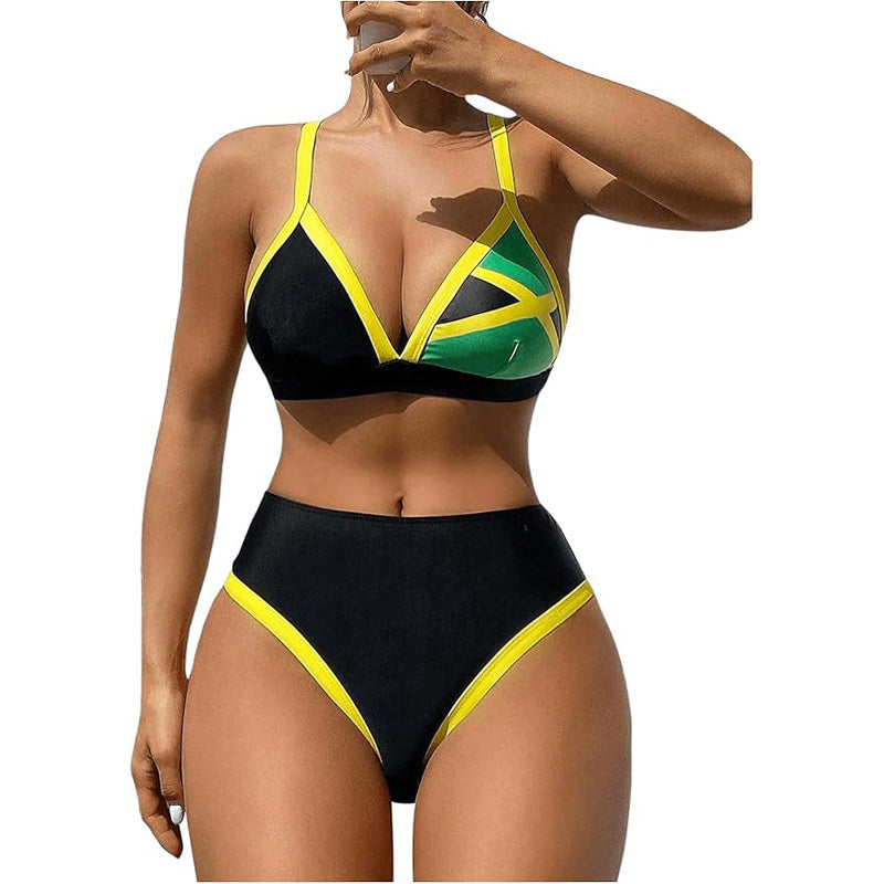 Women's Color Block Triangle Bikini Set, Crisscross Back Top & High Waist Bottom, 2 Piece Sporty Swimsuit