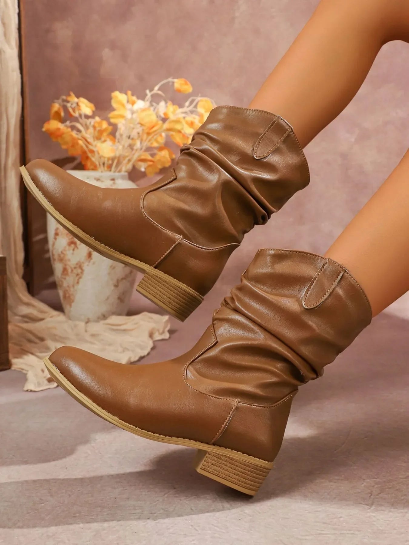 Mid-Calf Western Boots with Block Heels