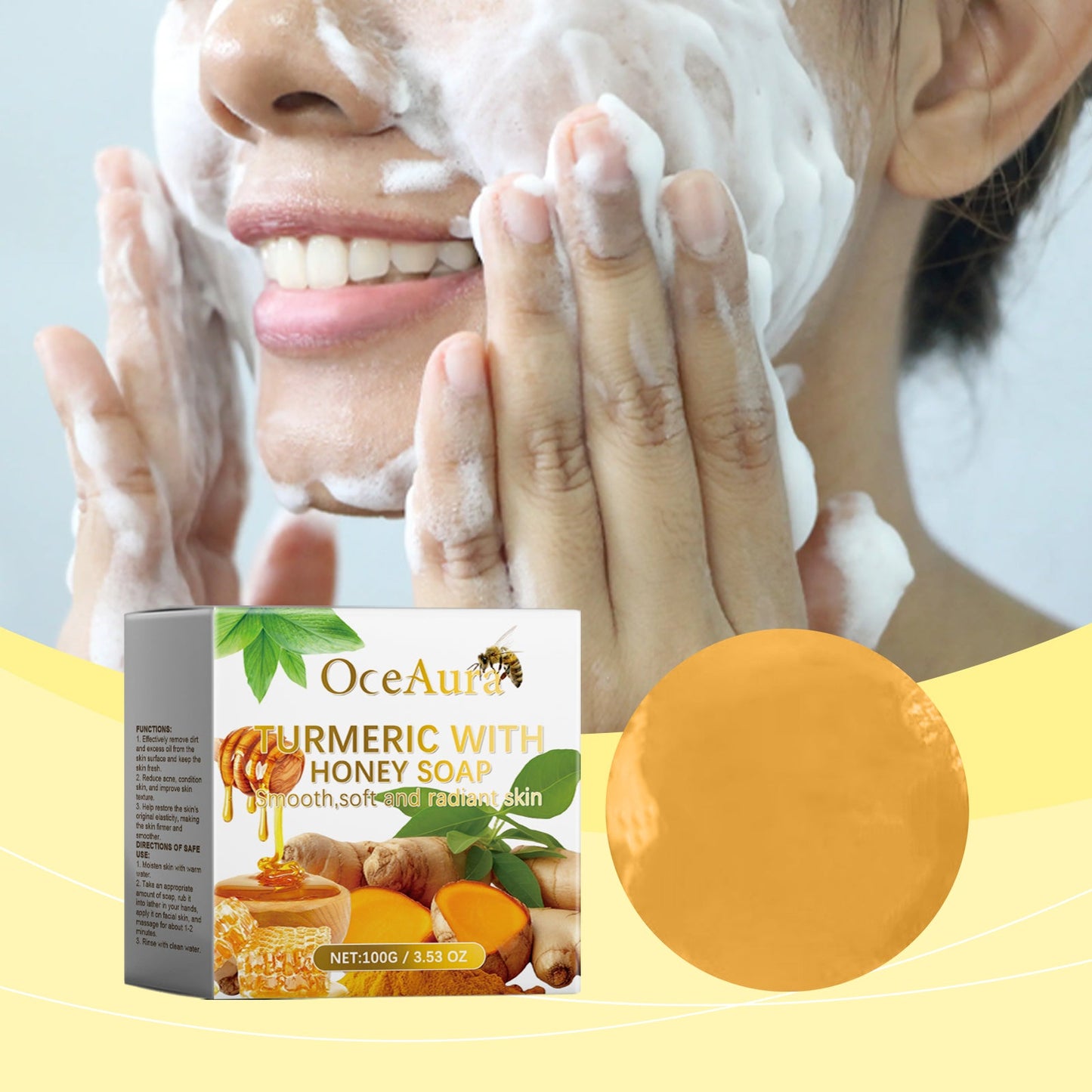 OceAura Honey Turmeric Soap, Gentle Daily Cleansing Facial Pore Brightening Skin Cleansing Soap