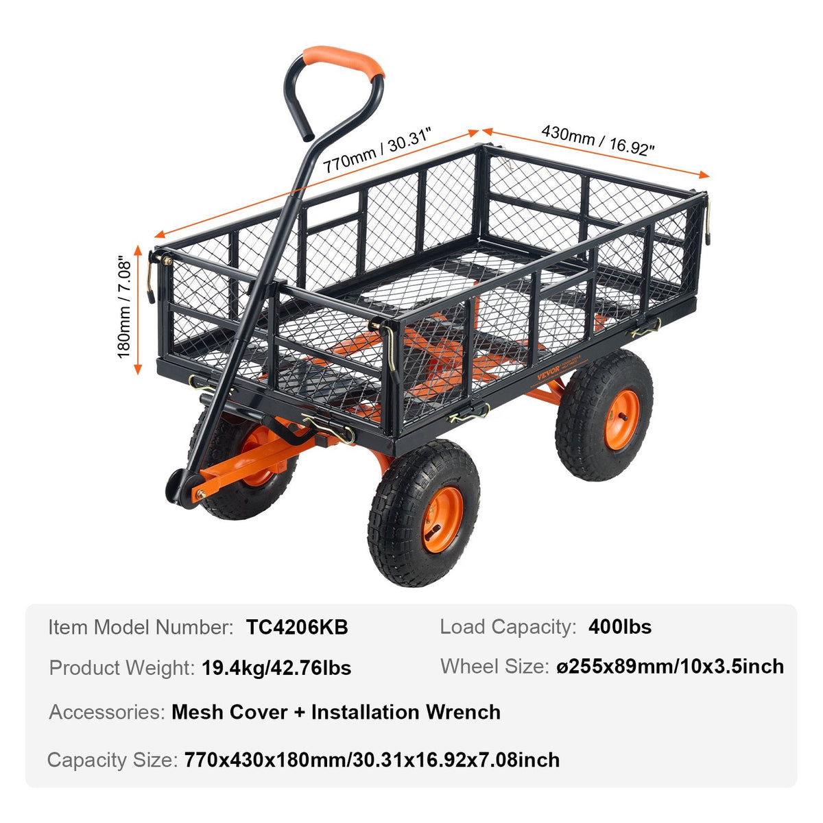 VEVOR Dump Cart, Metal Garden Dump Cart With Easy To Assemble Frame, Dump Wagon With 2-in-1 Convertible Handle, Utility Wheelbarrow 400 Lbs Capacity, 10 Inch Tires