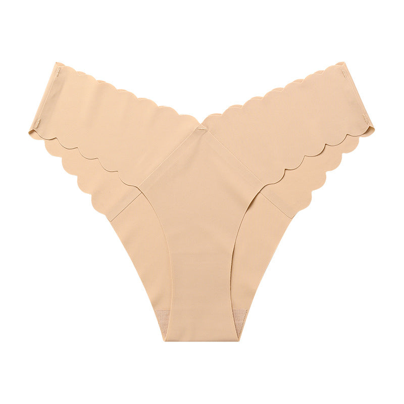 Wavy Lace V-shaped Waist Seamless Ice Silk Girl's Underwear One-piece Large Size Pure Cotton Crotch Women's Briefs