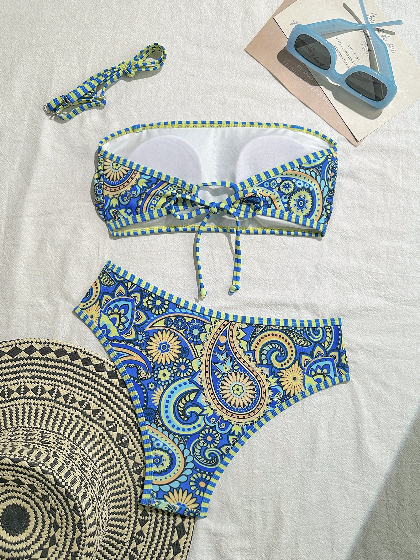 Women's Paisley Print Bandeau Bikini Set, Strapless Top With Removable Strap & High Cut Bottom