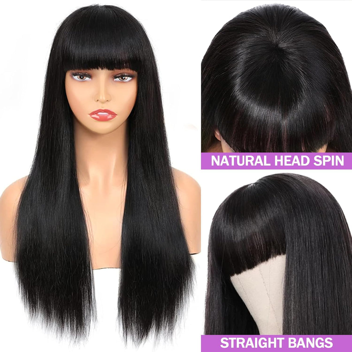 Machine-made Straight Human Hair Wig With Bangs, Natural Color, Density.