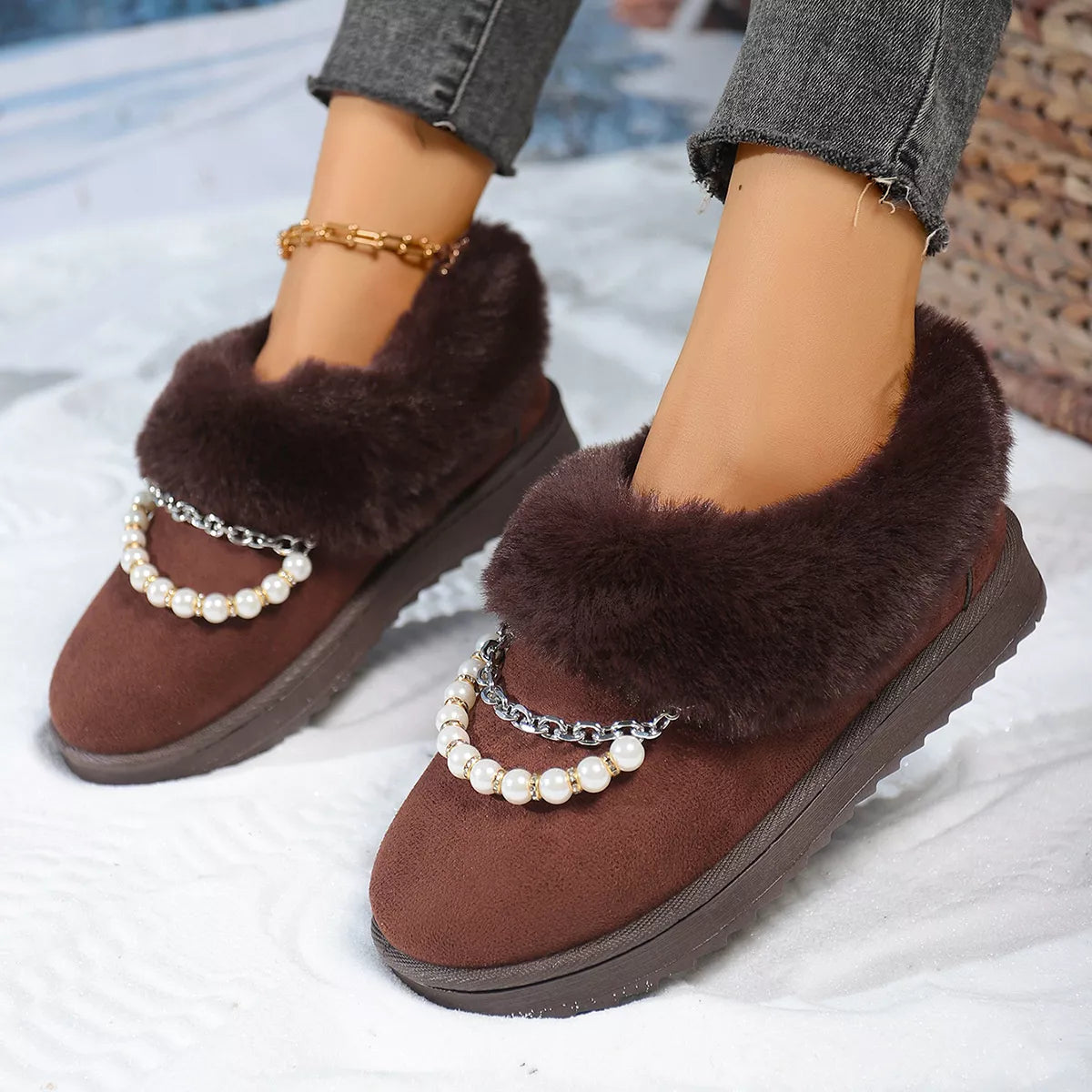 Pearl Embellished Luxury Fur Lined Winter Boots
