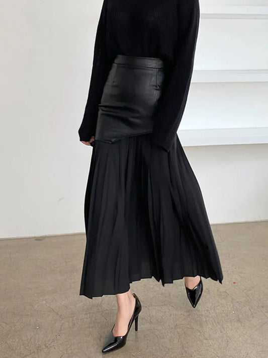 Patchwork Contrast Pleated Skirt