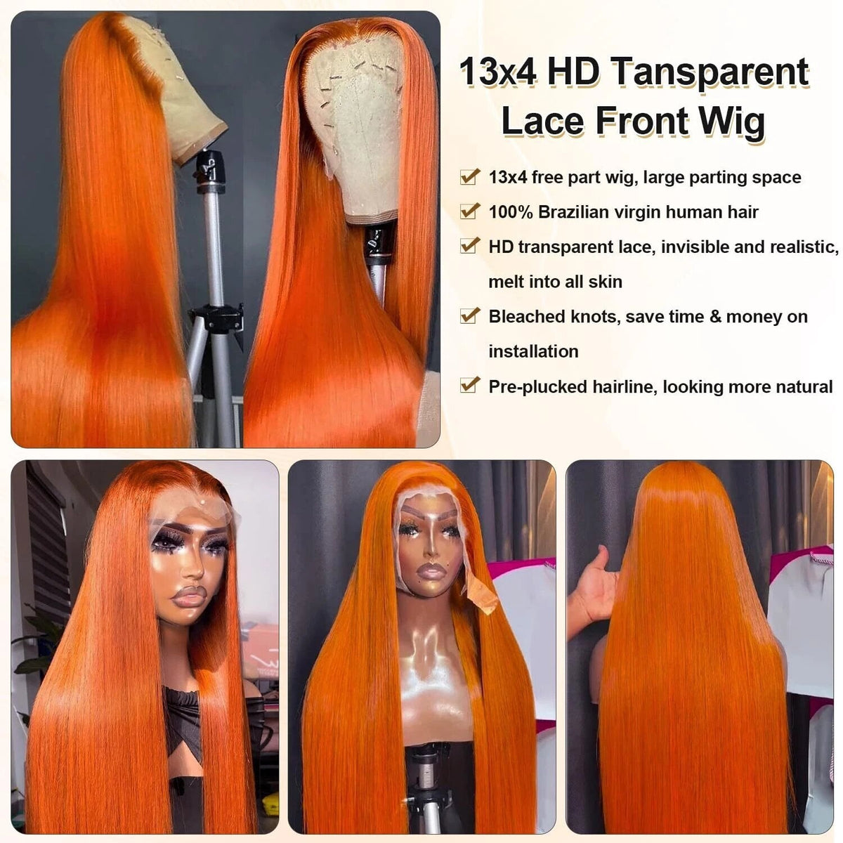 13x4 Straight Human Hair Lace Front Wig Ginger Yellow Density
