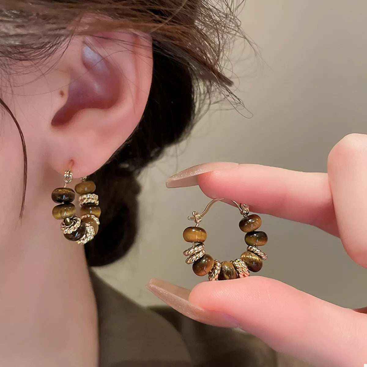 Tiger's Eye 18K Gold-Plated Copper Geometric Earrings
