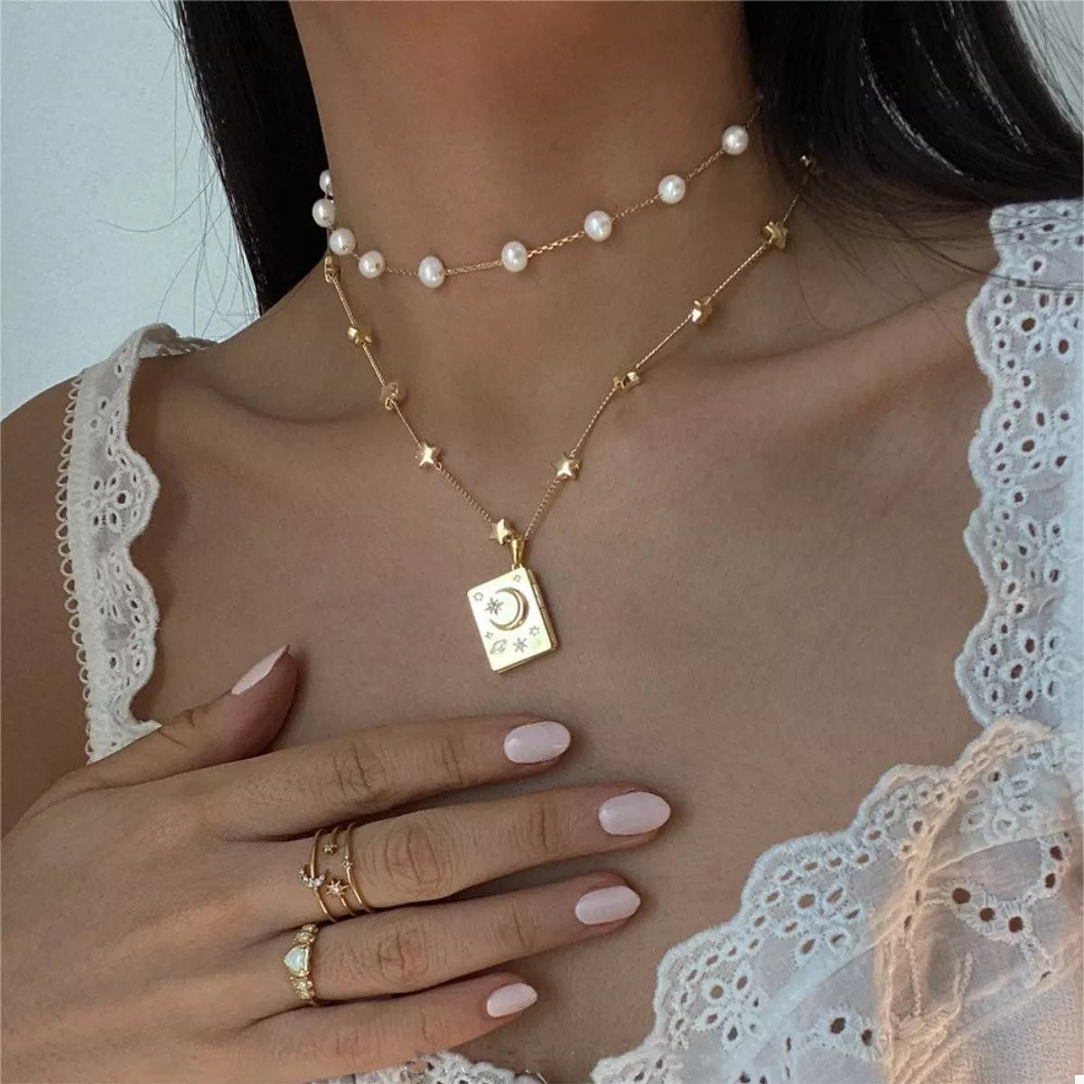 18K Gold-Plated Star Moon Zircon Lock Necklace