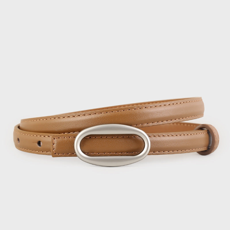 Oval Buckle Skinny Leather Belt