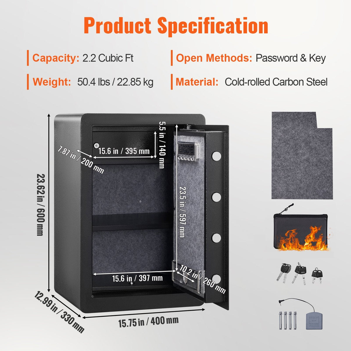 VEVOR Safe 2.2 Cubic Feet Home Safe Steel For Cash Gold 15.75x13x23.6 Inch