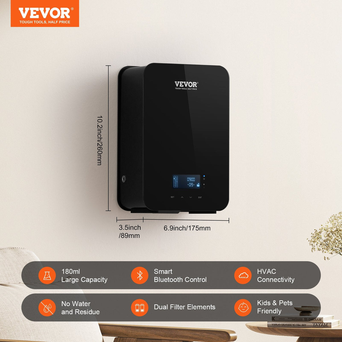 VEVOR Upgrade HVAC Scent Diffuser, Smart Scent Air Machine For Home, 180ML With Cold Air Technology, Waterless Essential Oil Diffuser, Cover Up To 2000 Sq.Ft For Living Room, Office, Spa, Hotel