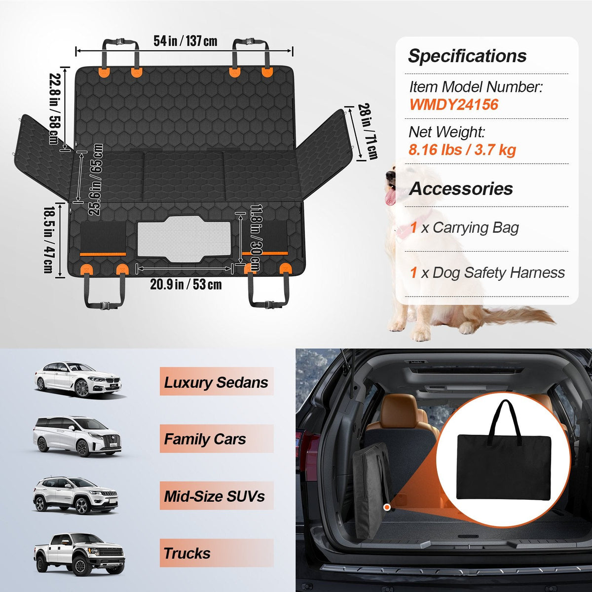VEVOR 54 X 25.6 In Dog Car Seat Cover For Back Seat Waterproof 600D For Cars