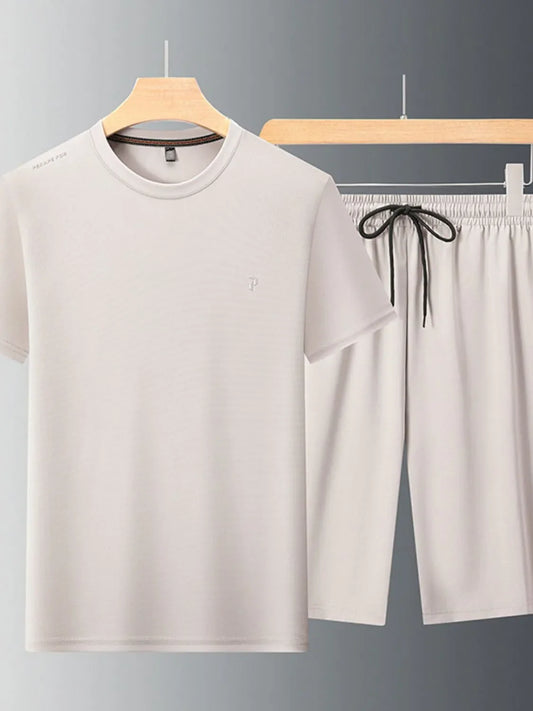 Men's Plus Size Round Neck Short Sleeve Top and Shorts Set