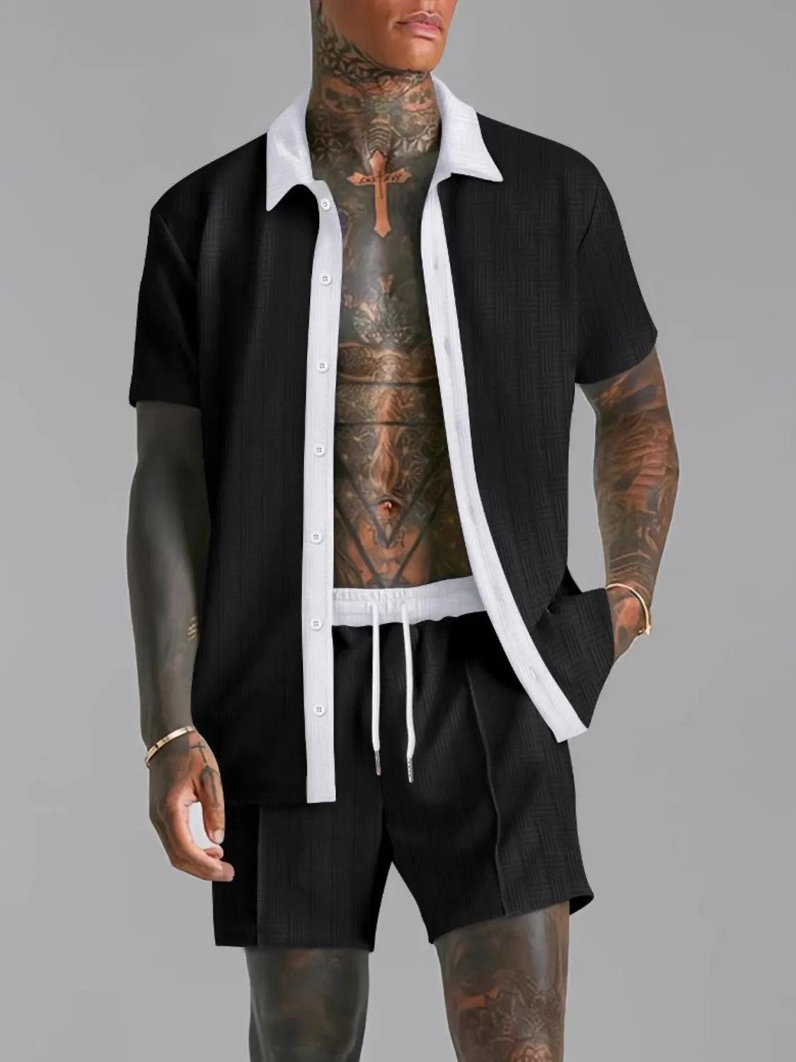 Men's Full Size Collared Neck Short Sleeve Top and Shorts Set Plus Size