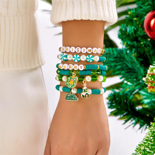 6-Piece Christmas Beaded Bracelet with Pearl Accents
