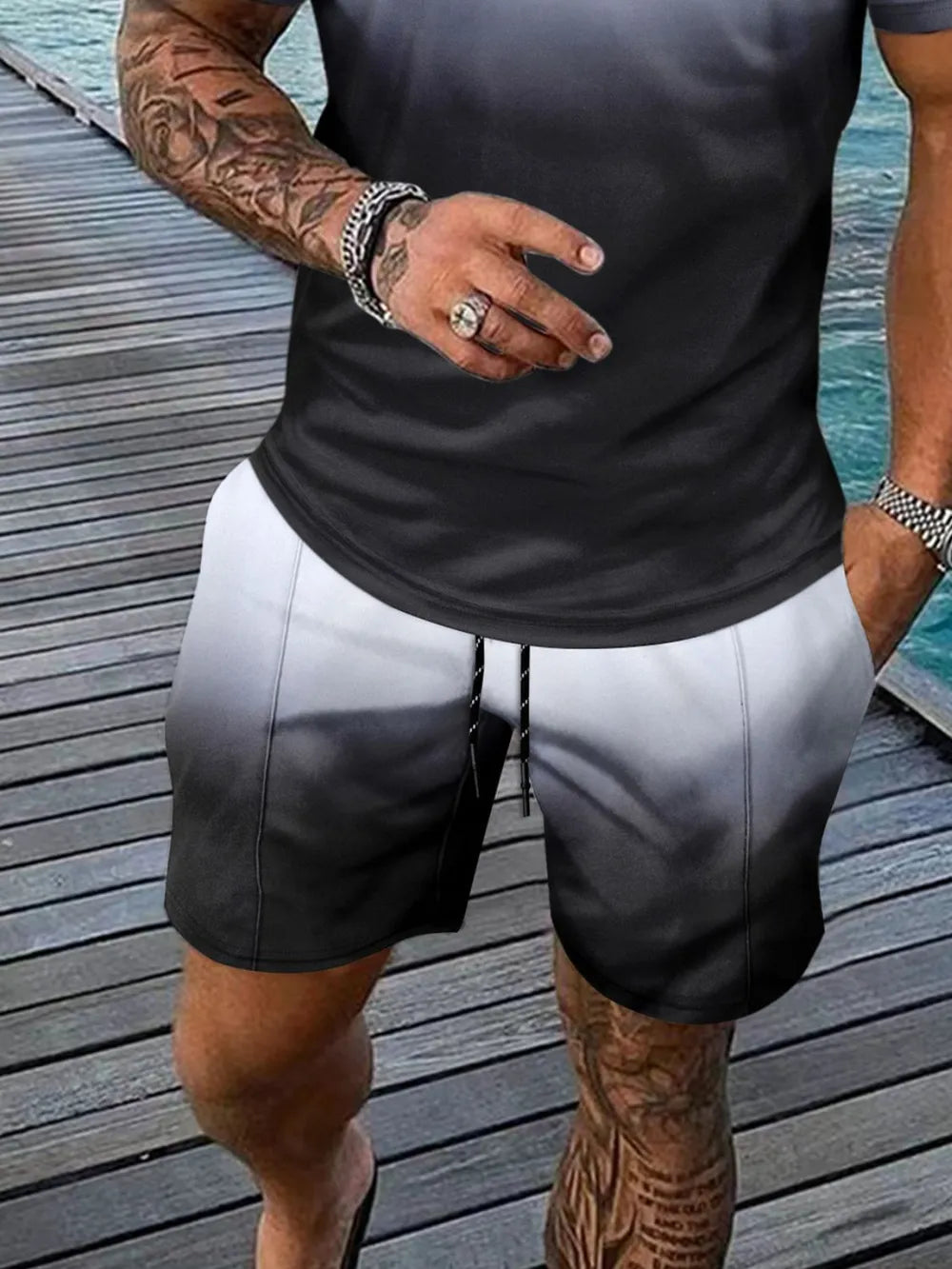 Men's Full Size Gradient Collared Neck Top and Shorts Set Plus Size