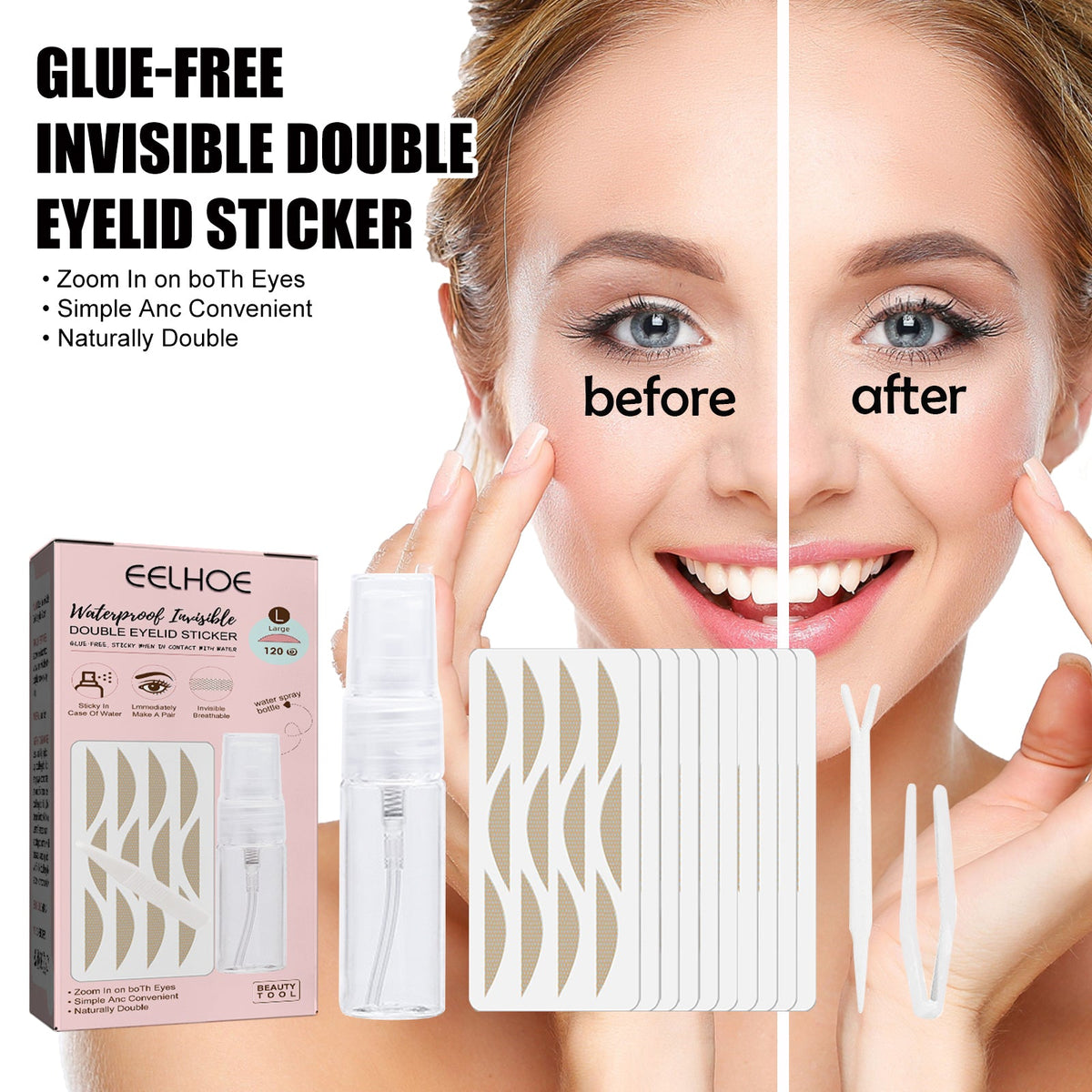 EELHOE Lace Non-trace Double Eyelid Tape, Natural Non-trace Non-glue Lace Double Eyelid Tape B
