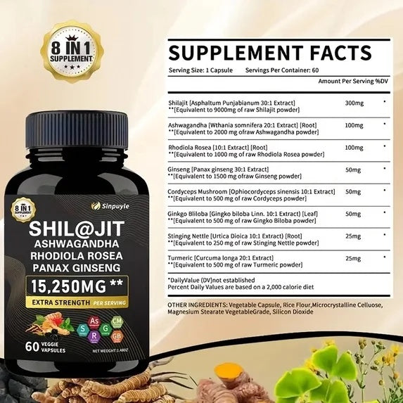 15-in-1 Sea Moss & 8-in-1 Shilajit Ashwagandha Supplement Bundle Energy Mood Support 60 Capsules Each