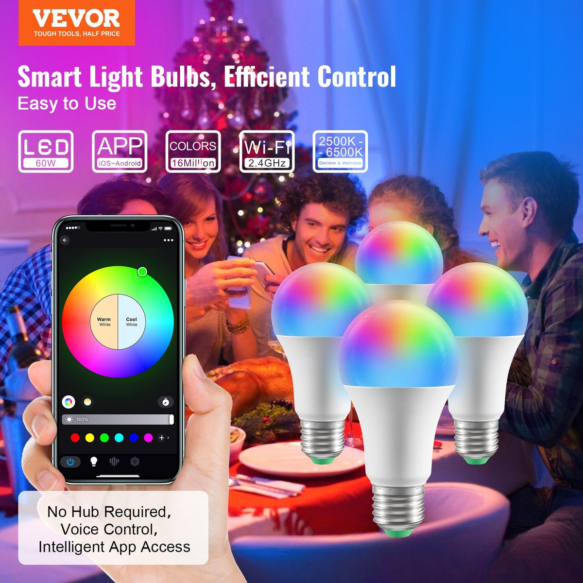 VEVOR Smart Light Bulbs, 4-Pack, 9W Multicolor LED Bulbs, 800 Lumens With Smart Control Compatibility For Vera, Google Assistant, Amazon Alexa, IOS, Android, RGB Color Changing