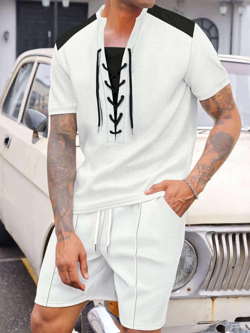 Men's Full Size Lace-Up Waffle Knit Top and Shorts Set Plus Size