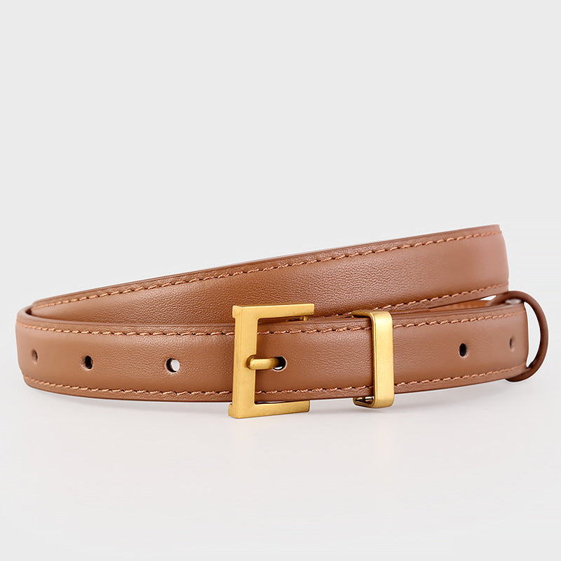 Leather Skinny Belt with Golden Buckle