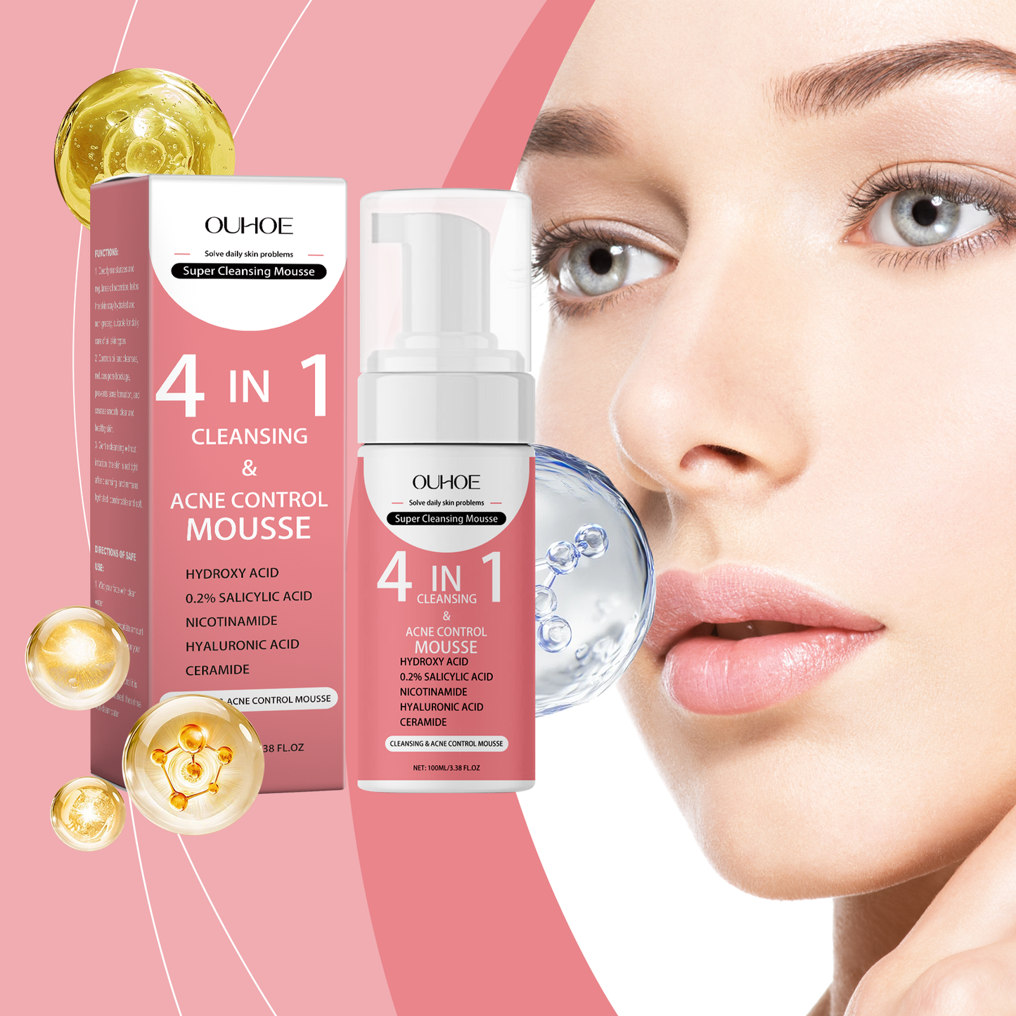 OUHOE Salicylic Acid Foam Cleanser Gentle Moisturizing Oil Control Facial Skin Cleansing Delicate Pore Cleanser
