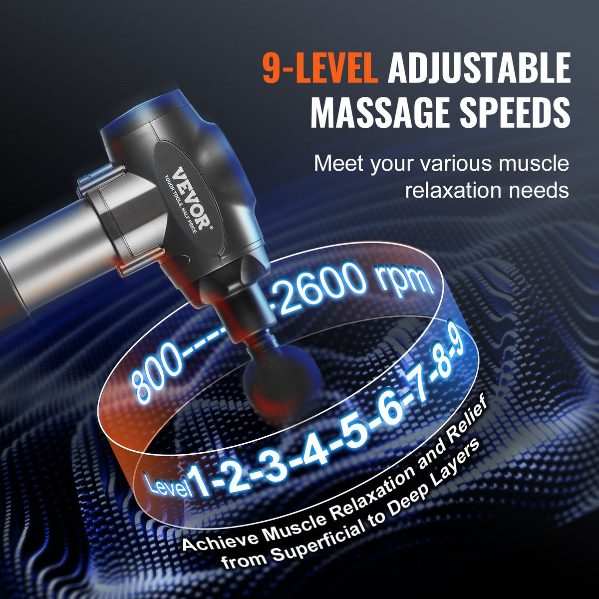 VEVOR Massage Gun Deep Tissue With 9 Speed Levels & 6 Massage Heads, 24V 2500mAh Batteries, Percussion Muscle Massager For Athletes, Handheld Electric Massage Gun For Pain Relief, Muscle Relaxation