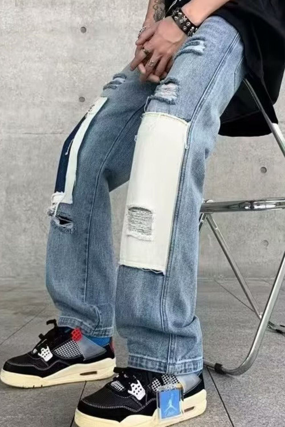 Men's Ripped Patchwork Wide Leg Jeans