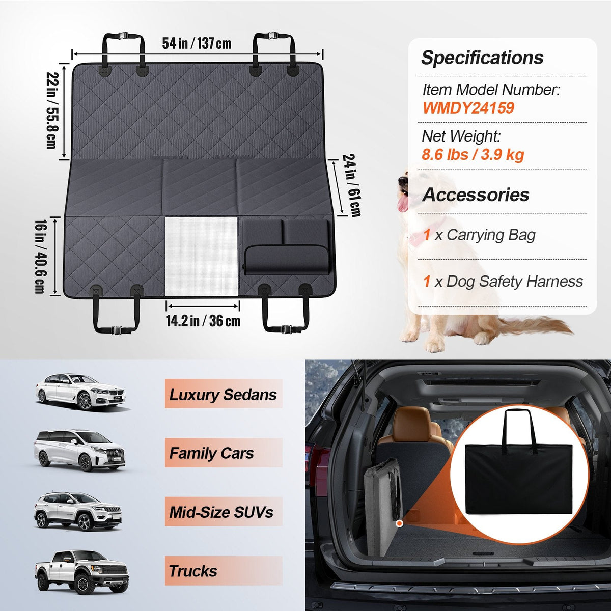VEVOR Dog Car Seat Cover For Back Seat 54 X 24 In Waterproof 600D For Cars