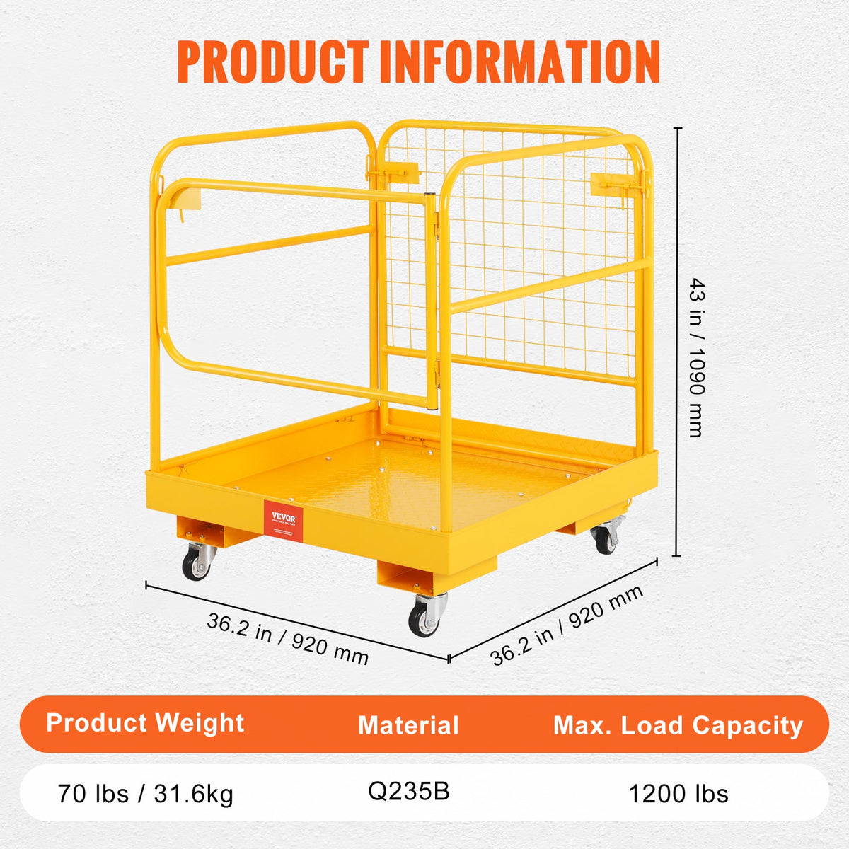 VEVOR Forklift Safety Cage, 1200 Lbs Load Capacity, 36 X 36 Inches Folding Forklift Work Platform With Lockable Swivel Wheels, Drain Hole & Device Chain, Holds 1 To 2 Adults, Perfect For Aerial Work