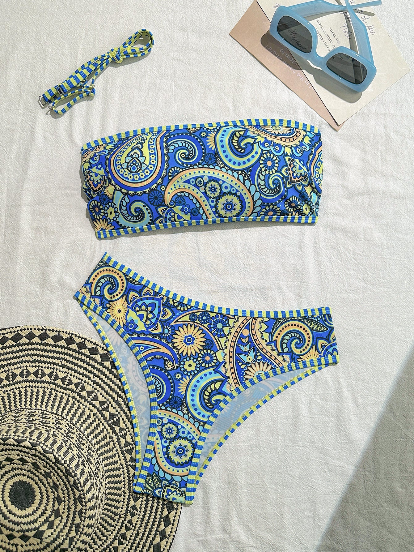 Women's Paisley Print Bandeau Bikini Set, Strapless Top With Removable Strap & High Cut Bottom
