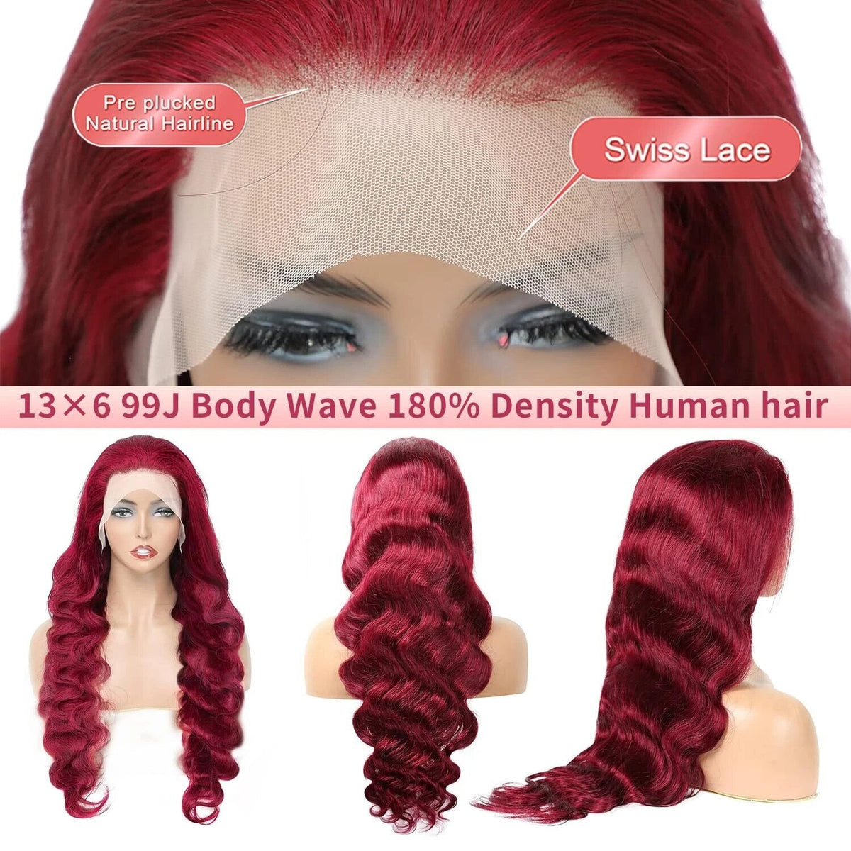 13x6 Lace Front Human Hair Wig Burgundy Red Body Wave, Density, 22 Inches