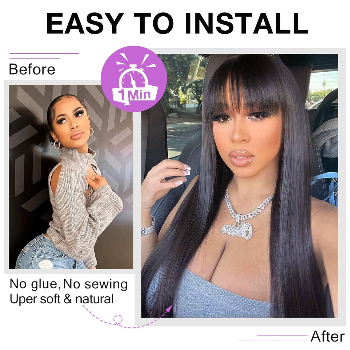 Machine-made Straight Human Hair Wig With Bangs, Natural Color, Density.