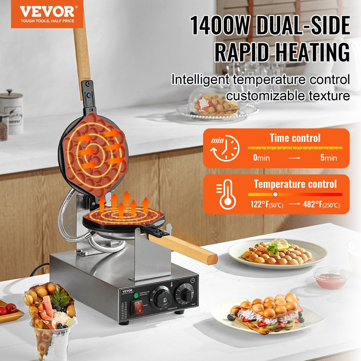 Commercial Bubble Waffle Maker Egg Pancake Baker Machine 1400W Non-Stick