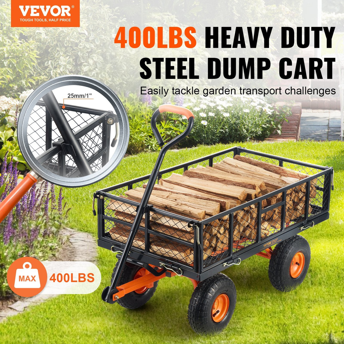 VEVOR Dump Cart, Metal Garden Dump Cart With Easy To Assemble Frame, Dump Wagon With 2-in-1 Convertible Handle, Utility Wheelbarrow 400 Lbs Capacity, 10 Inch Tires