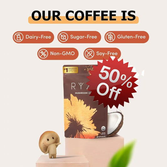 RYZE SUPERFOODS Mushroom Medium Roast Coffee , USDA Organic Instant Coffee with 6 Adaptogenic Mushrooms and for Energy, Focus, Digestion, Immunity with Lions Mane & Turkey Tail 30 Serving