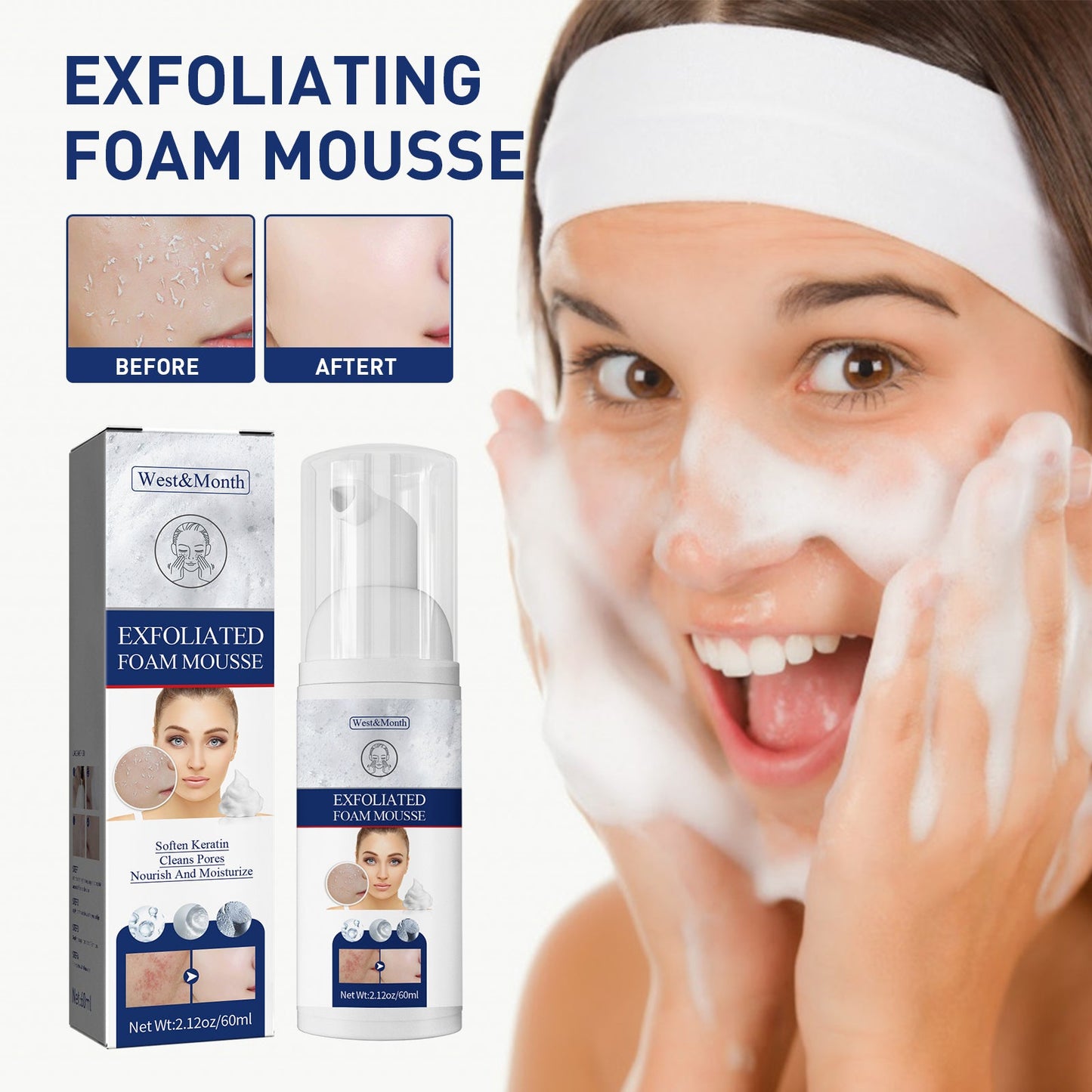 West&Month Exfoliating Mousse, Cleanser Skin Pore Control Oil Gently Cleanses Exfoliating Dead Blackheads