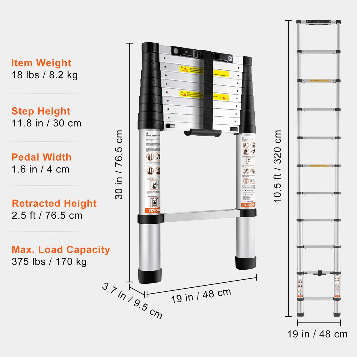 VEVOR Telescoping Ladder Aluminum Extension Step 10.5 Ft Multi-purpose Portable